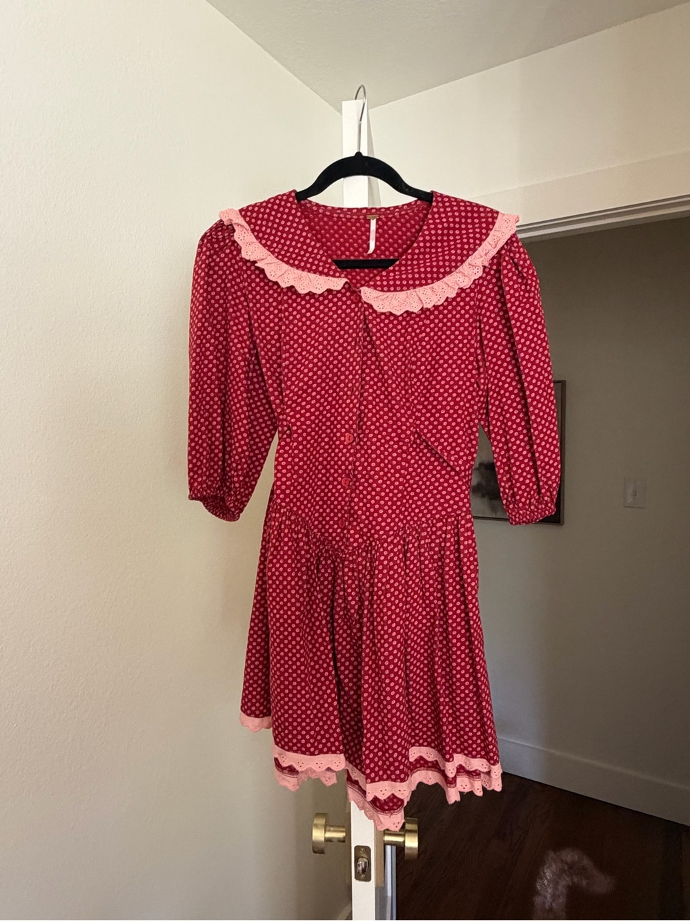 Free People Red Polka Dot Mini Dress with Pink Trim